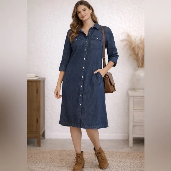 Talbots Button Down Denim Midi Shirt Dress Classic Casual - Picture 1 of 6